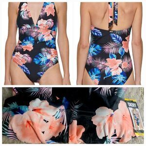 DKNY Women's Floral One Piece Tummy Control Halter Neckline  Swimsuit Size M